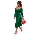 C4193  Women sexy long dress solid color off shoulder ruffles fashion dress wholesale women clothing